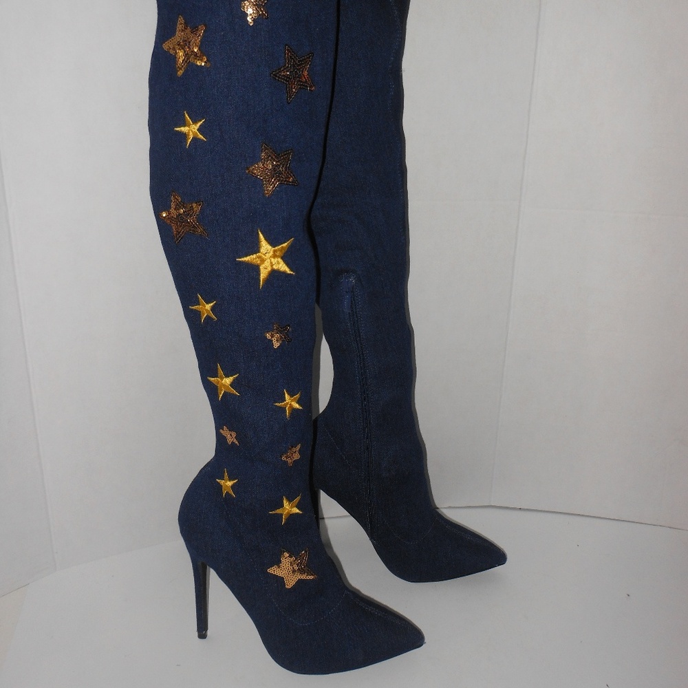 WEEBOO DENIM STAR ACCENTED ABOVE THE KNEE BOOTS